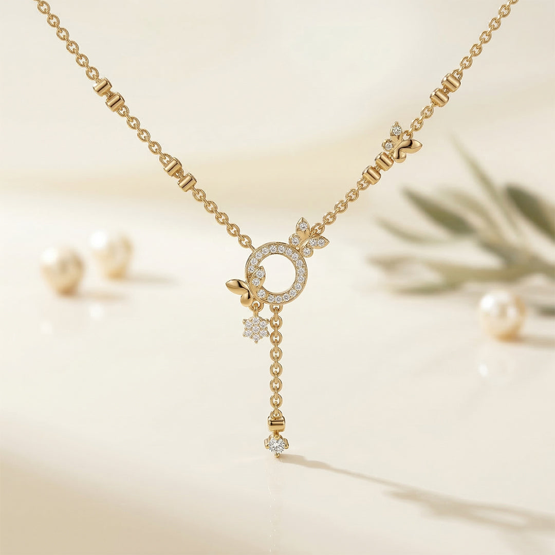14K Gold Butterfly Circle Diamond Lariat Necklace