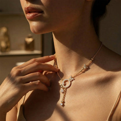 14K Gold Butterfly Circle Diamond Lariat Necklace