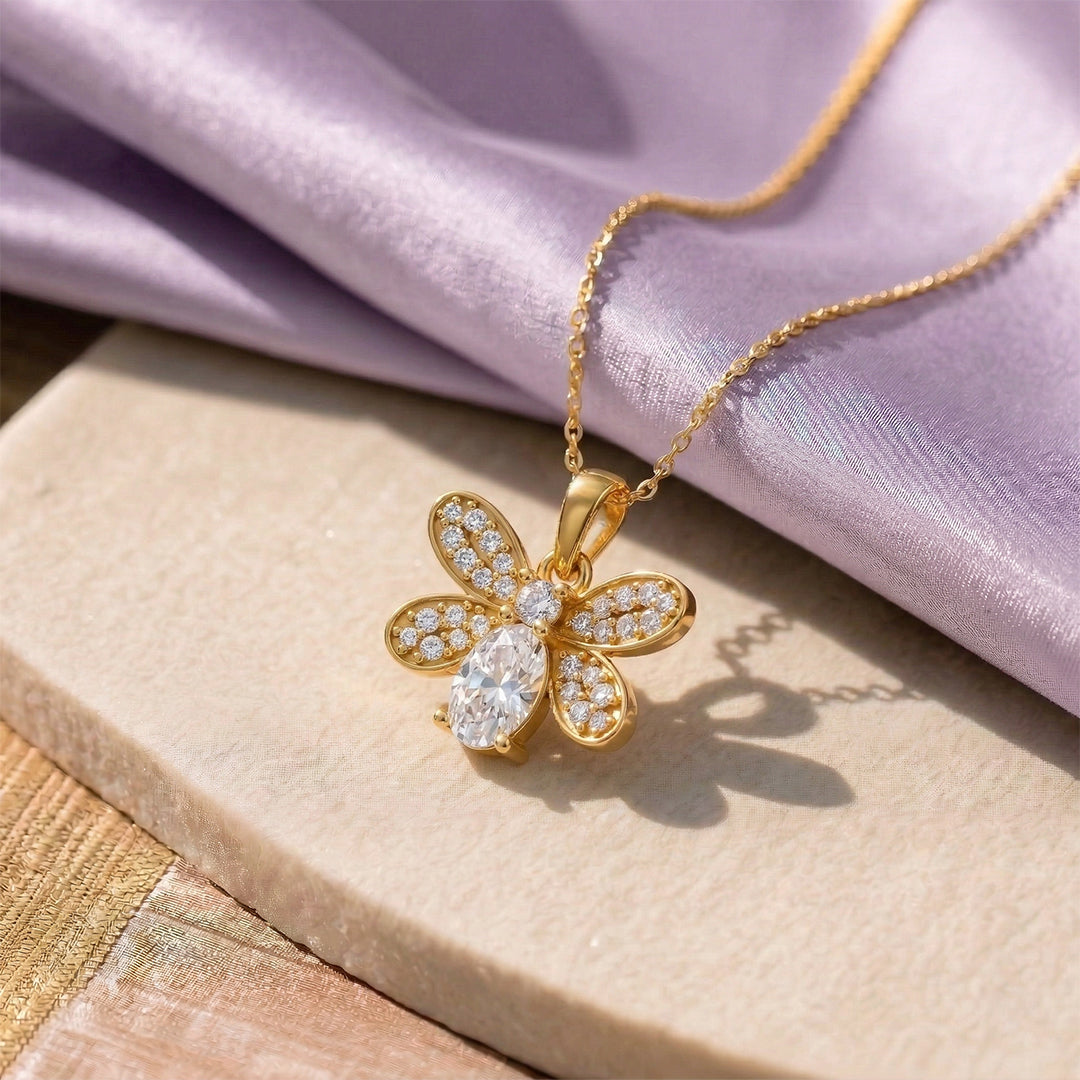 Yellow Gold Bee Floral Oval Diamond Pendant