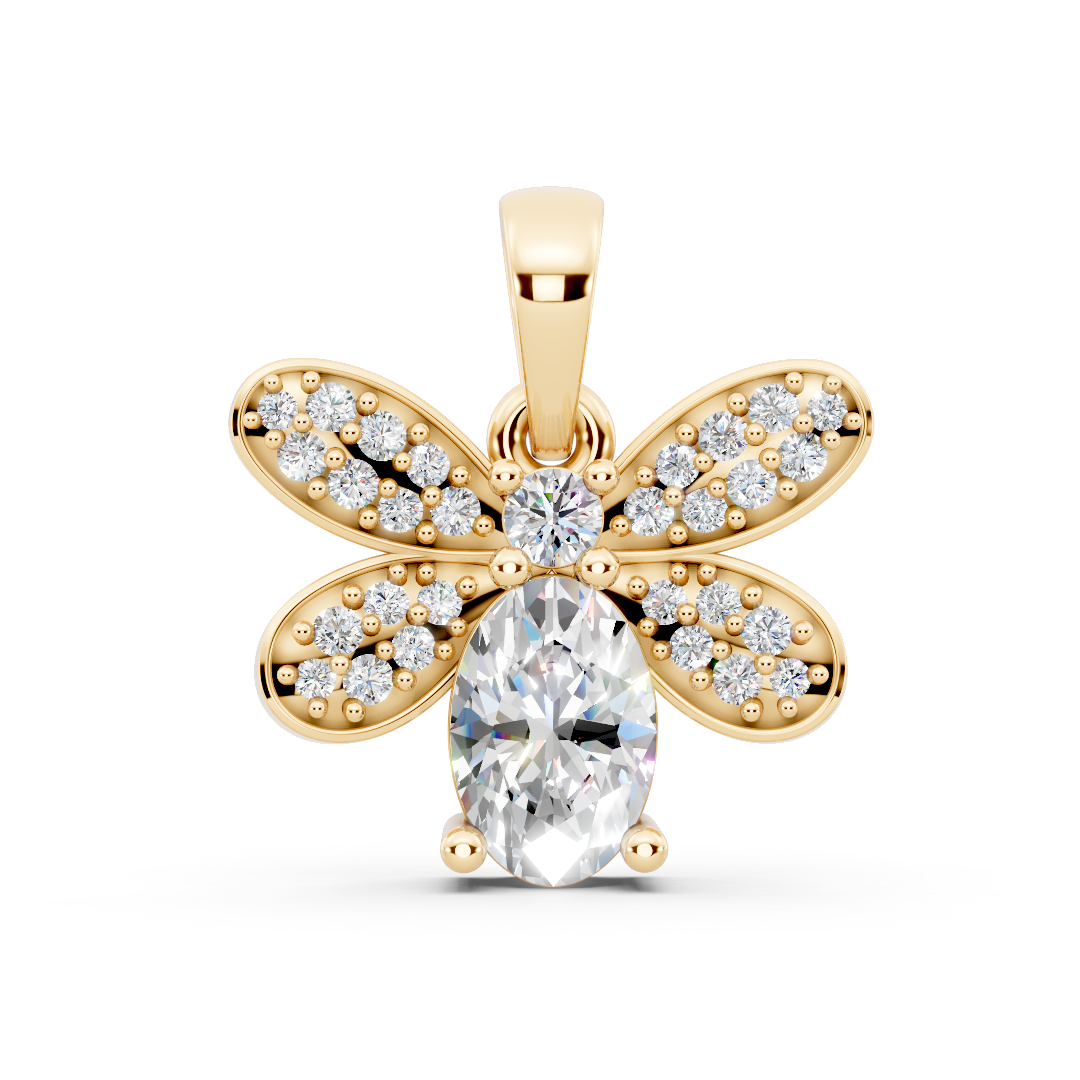 Yellow Gold Bee Oval Diamond Floral Pendant