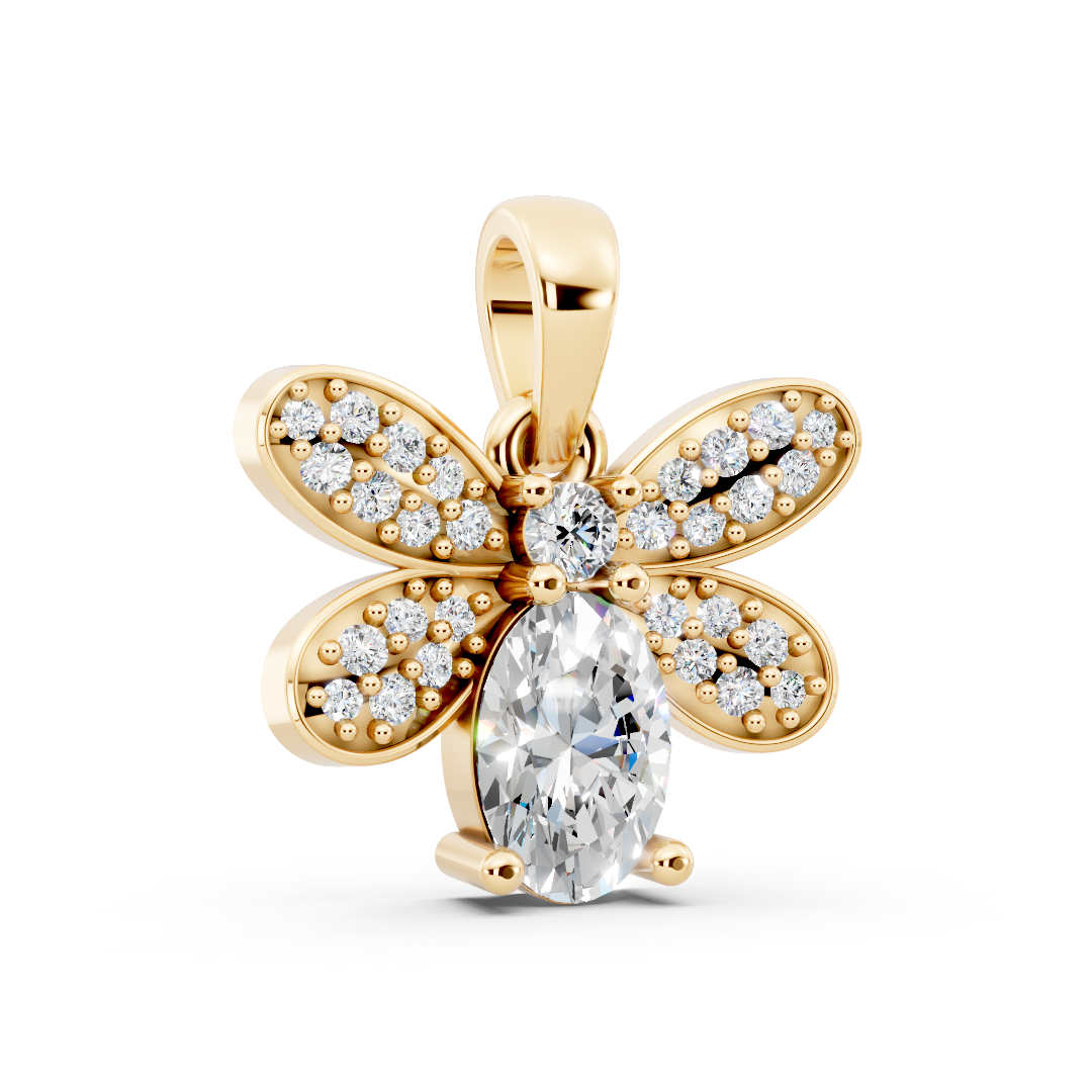 Yellow Gold Bee Oval Diamond Floral Pendant