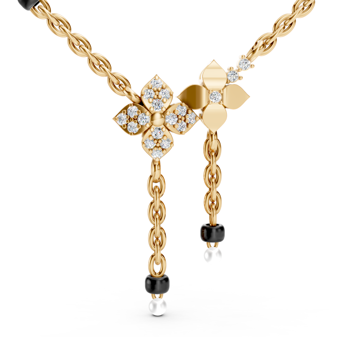 14K Gold Diamond Floral Pearl Lariat Necklace