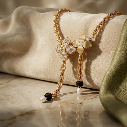14K Gold Diamond Floral Pearl Lariat Necklace