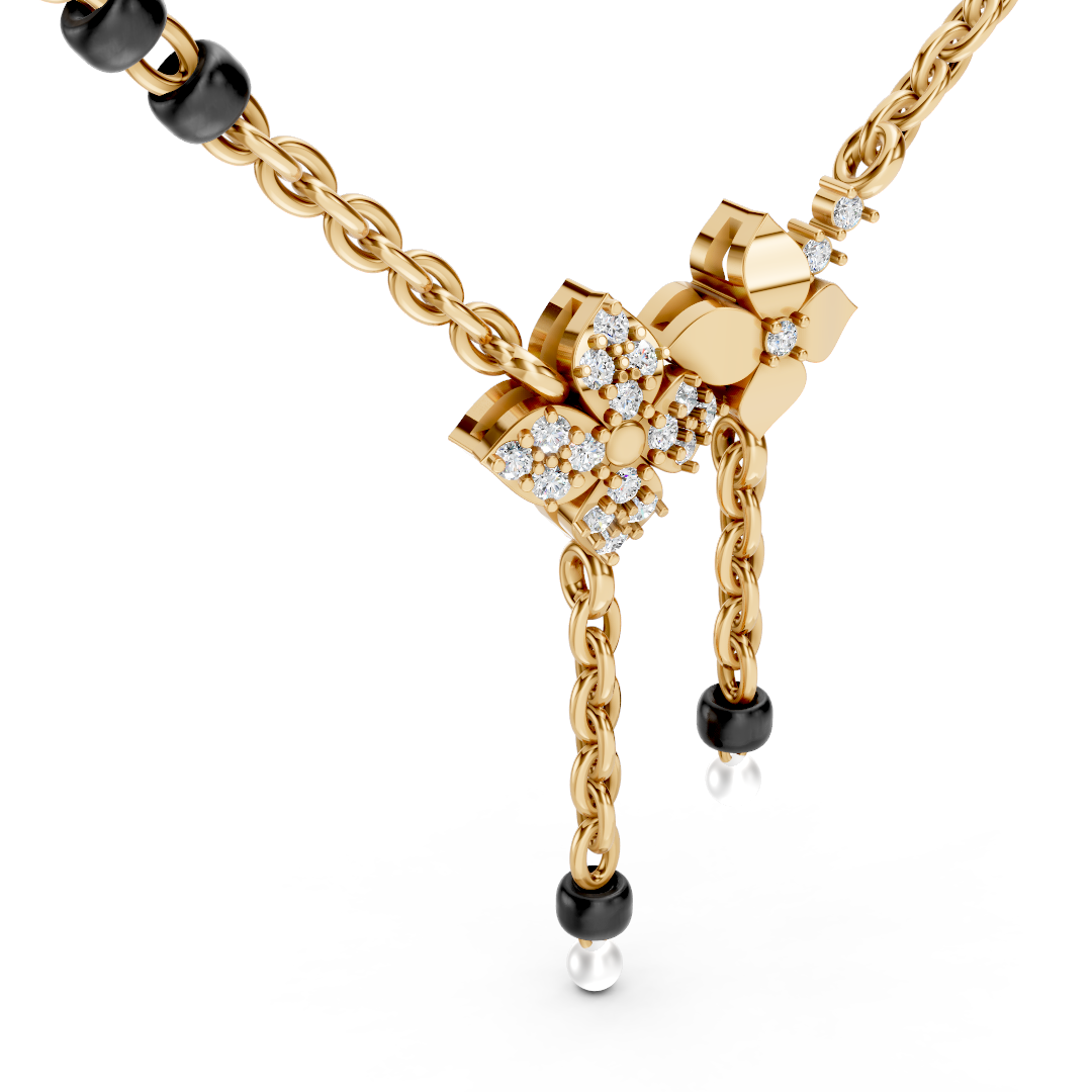 14K Gold Diamond Floral Pearl Lariat Necklace