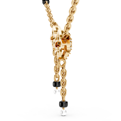 14K Gold Diamond Floral Pearl Lariat Necklace