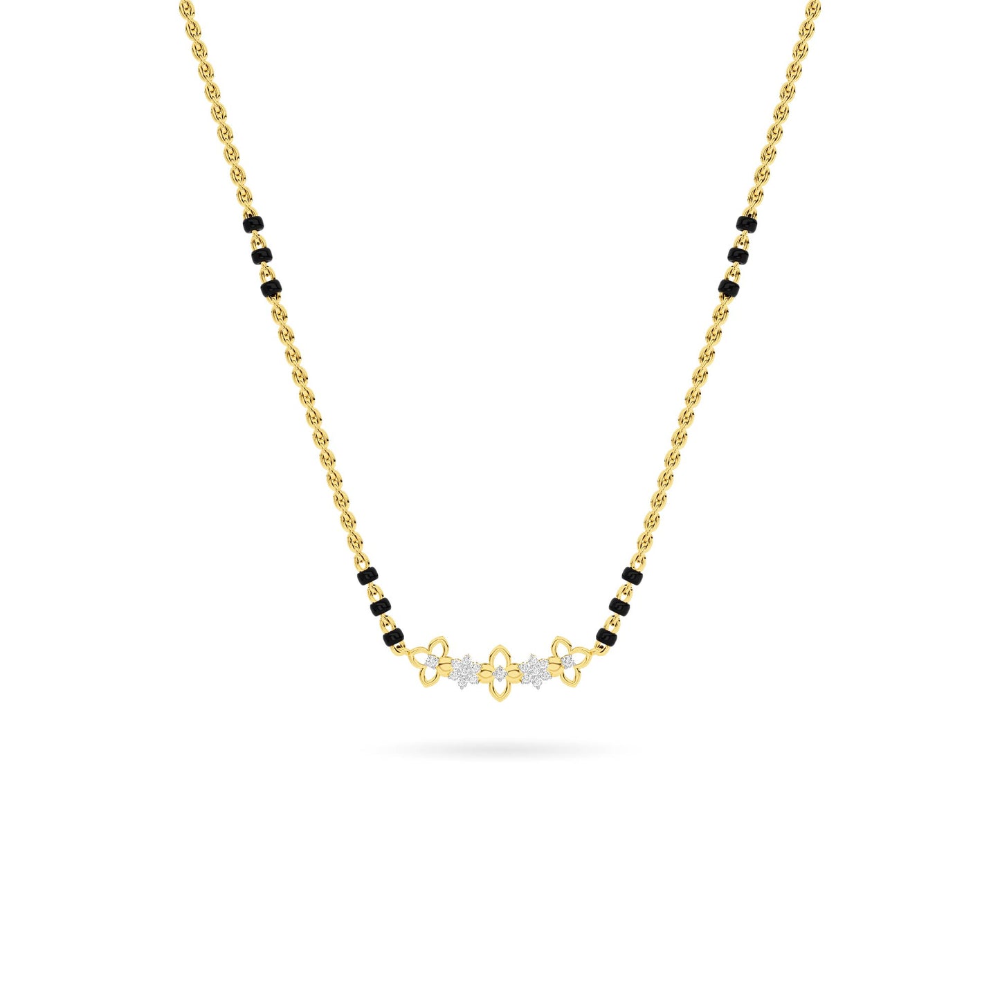 Yellow Gold Black Bead Floral Diamond Mangalsutra Pendant