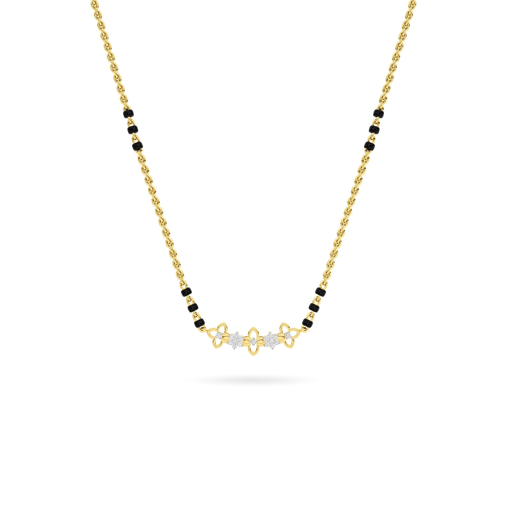 Yellow Gold Black Bead Floral Diamond Mangalsutra Pendant