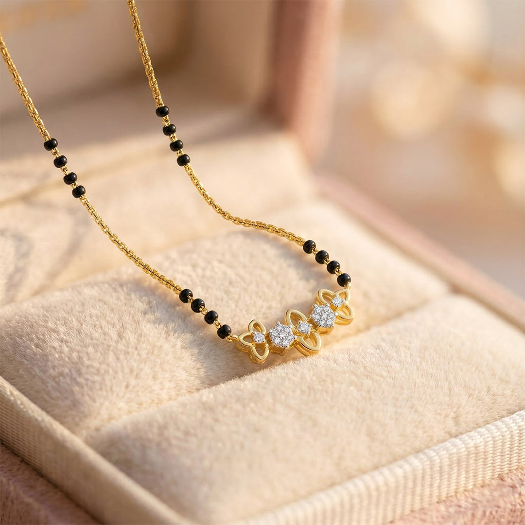 Yellow Gold Black Bead Floral Diamond Mangalsutra Pendant