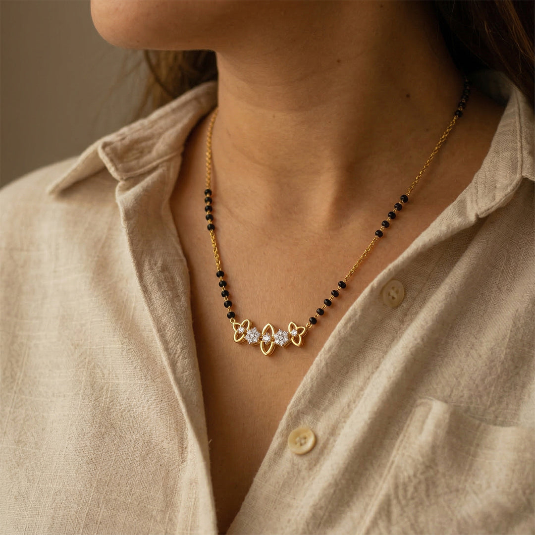 Yellow Gold Black Bead Floral Diamond Mangalsutra Pendant