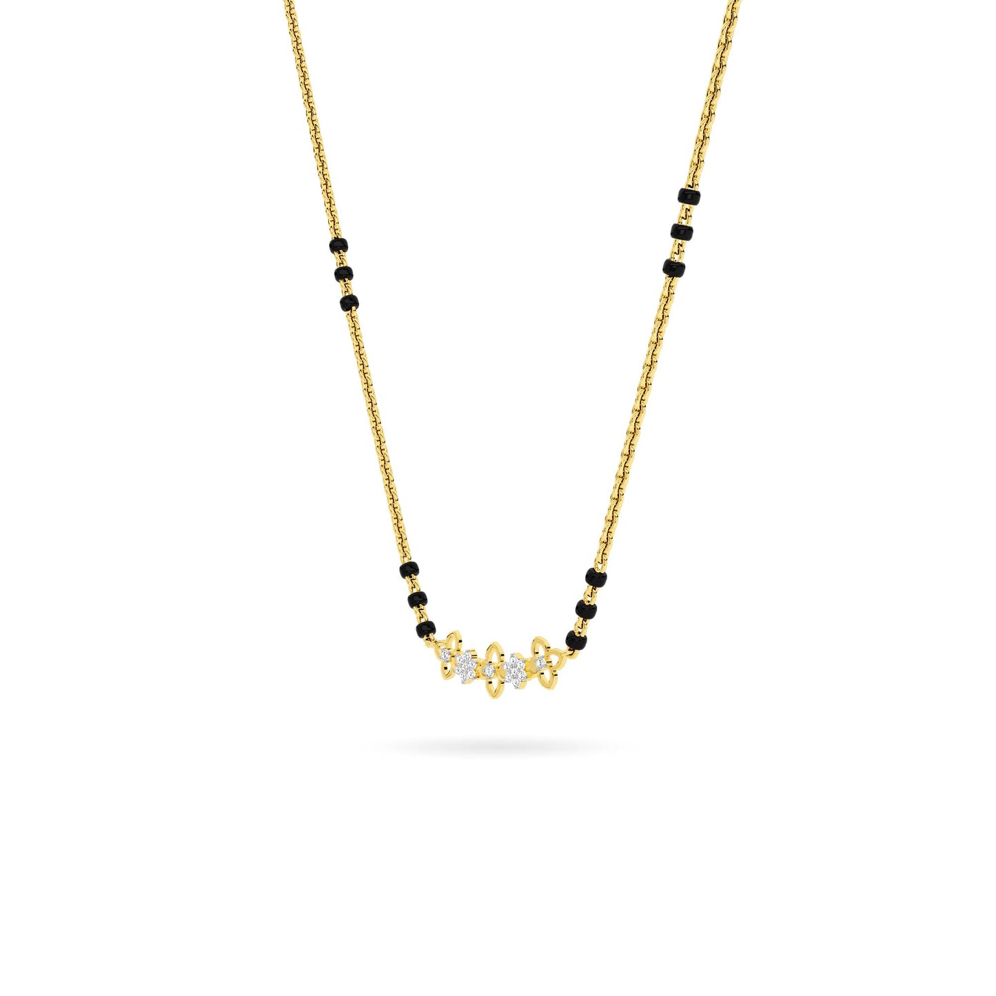 Yellow Gold Black Bead Floral Diamond Mangalsutra Pendant