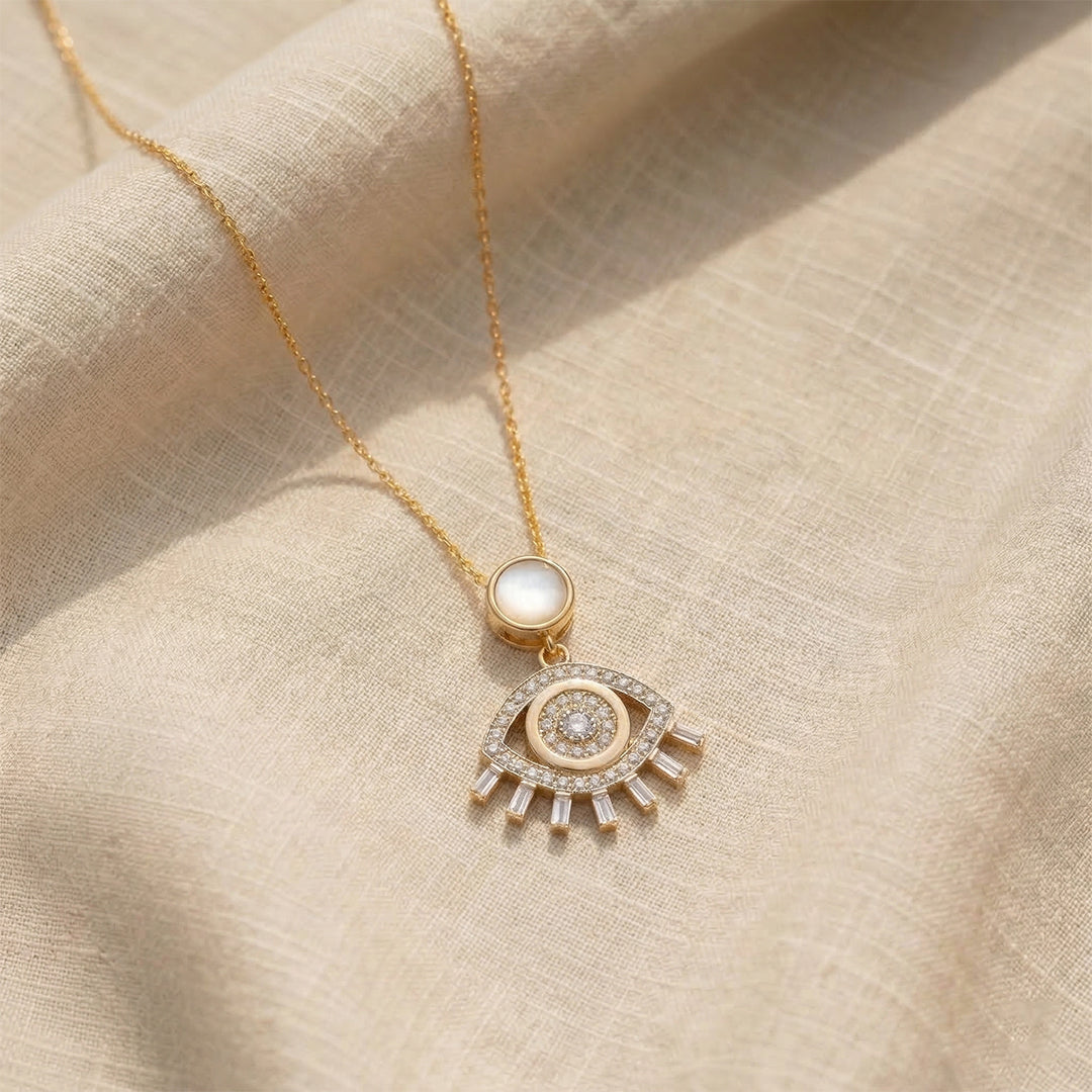 Yellow Gold Mother Pearl Evil Eye Diamond Pendant