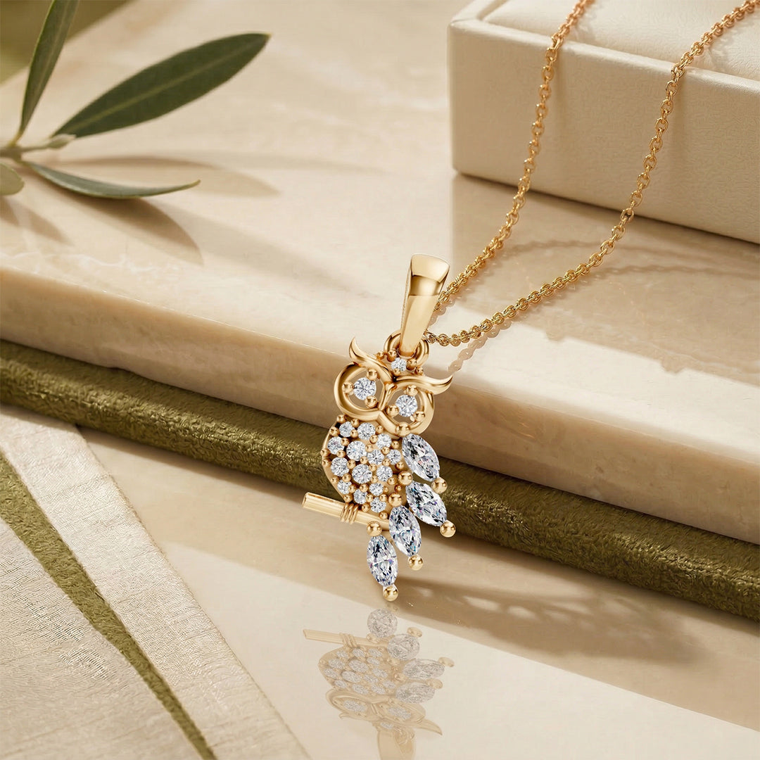 Gold Diamond Owl Branch Pendant