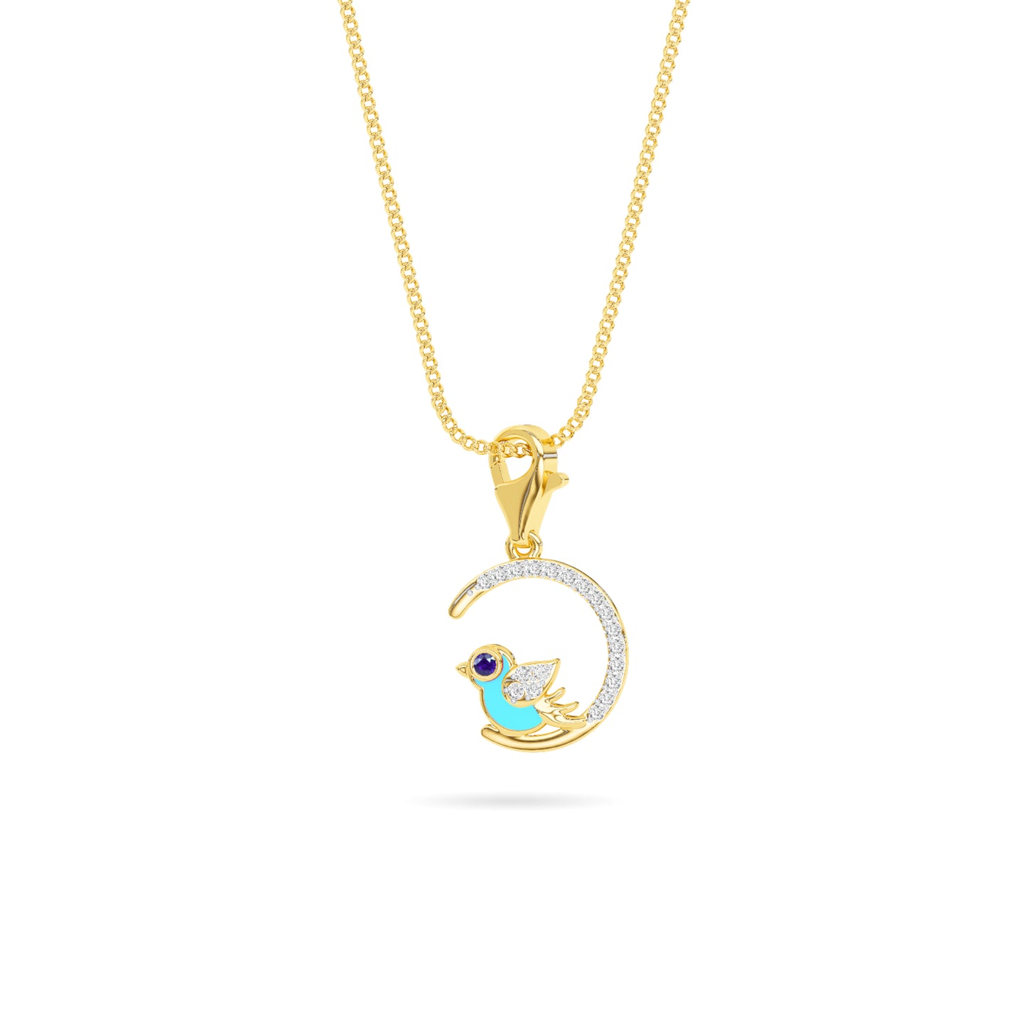 Yellow Gold Bird Moon Enamel Diamond Charm