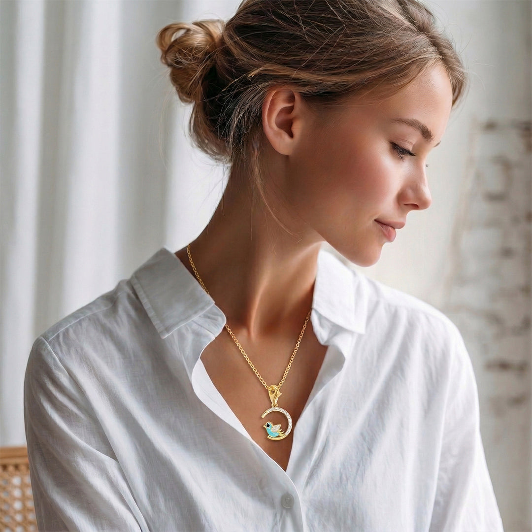 Yellow Gold Bird Moon Enamel Diamond Charm