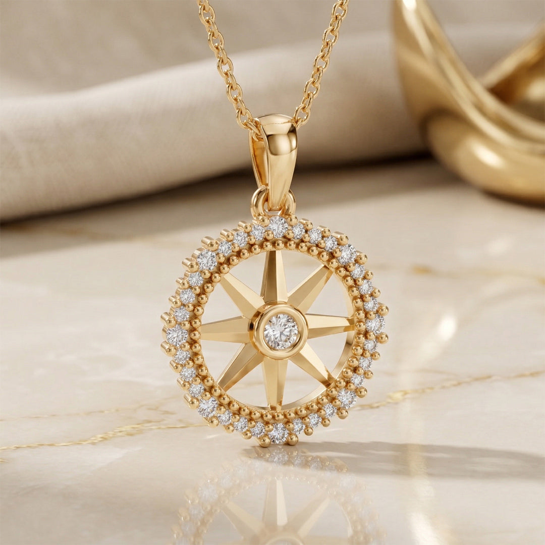 Gold Diamond Compass Star Pendant