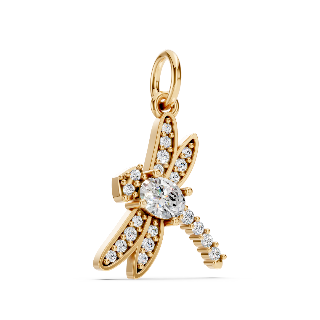 Yellow Gold Dragonfly Oval Diamond Pendant
