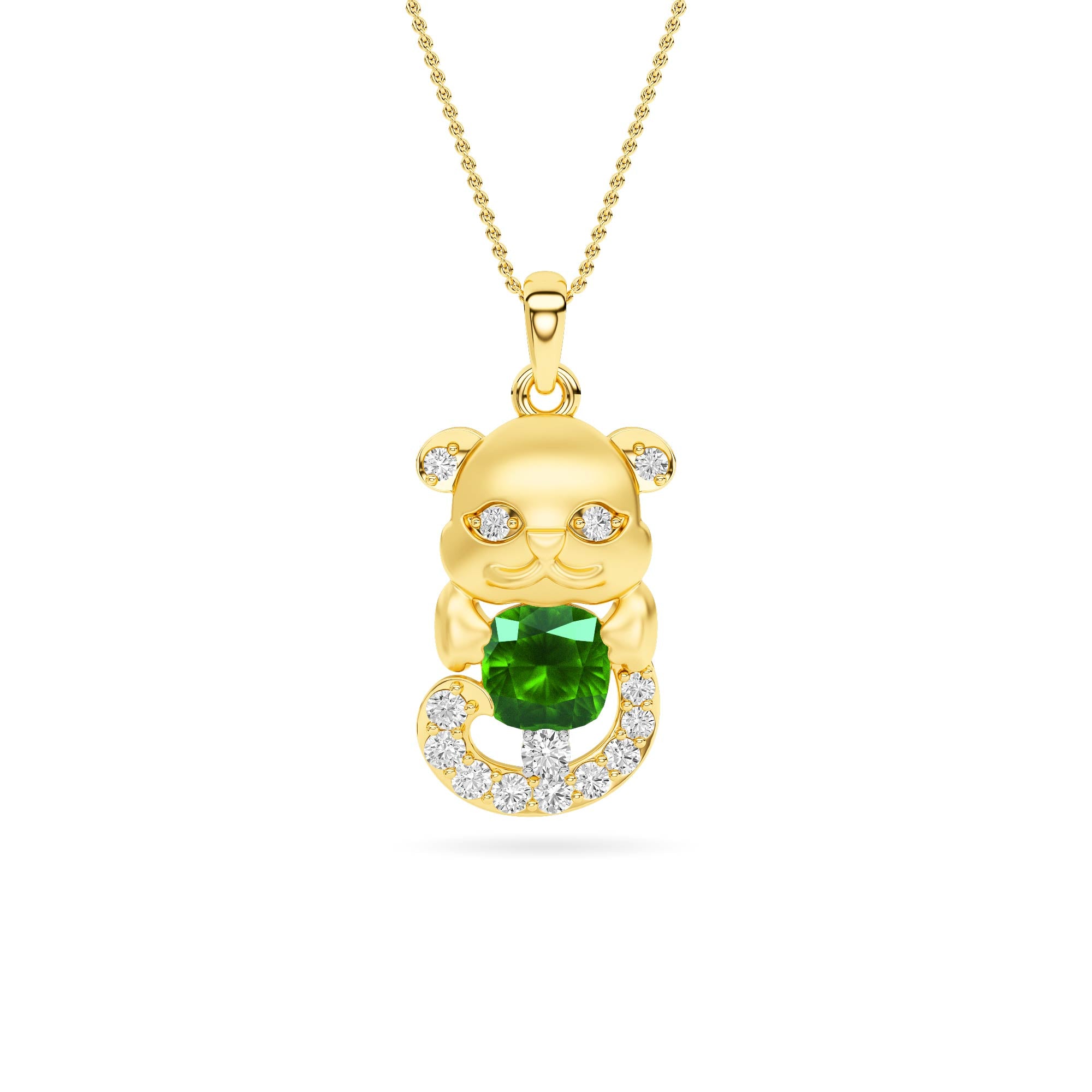 Yellow Gold Green Gemstone Baby Panda Diamond Pendant