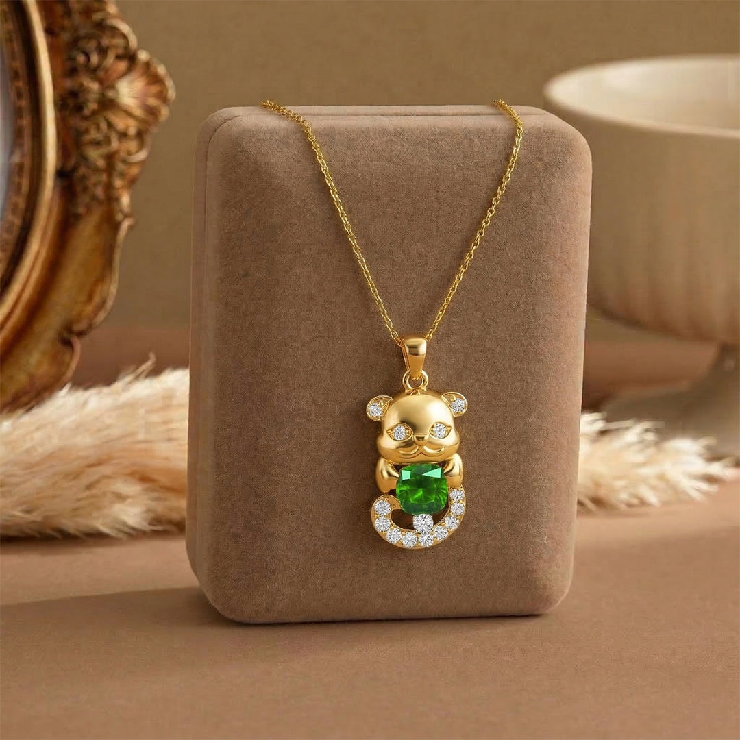 Yellow Gold Green Gemstone Baby Panda Diamond Pendant