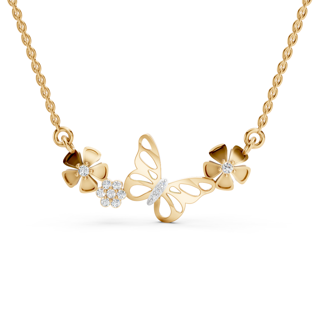 Yellow Gold Butterfly Floral Diamond Necklace