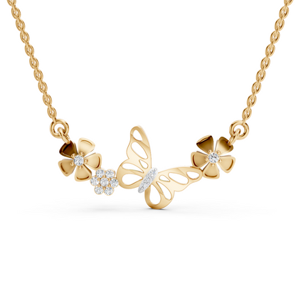 Yellow Gold Butterfly Floral Diamond Necklace