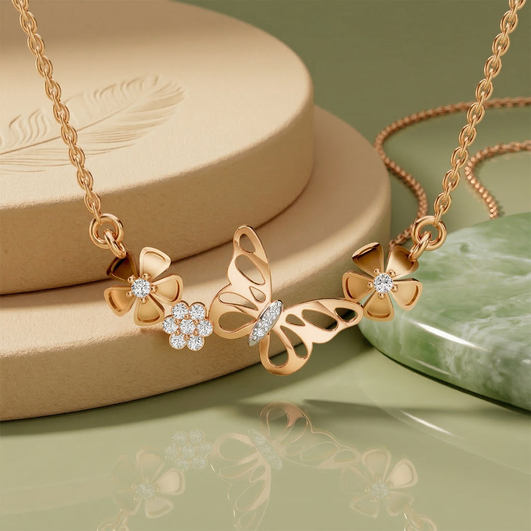 Yellow Gold Butterfly Floral Diamond Necklace