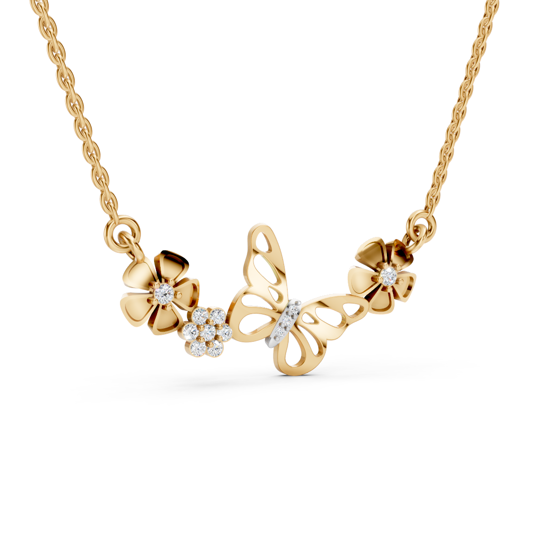 Yellow Gold Butterfly Floral Diamond Necklace