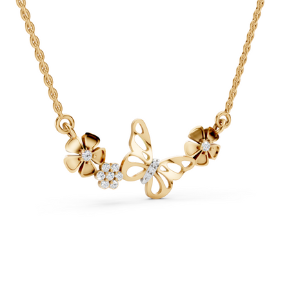 Yellow Gold Butterfly Floral Diamond Necklace