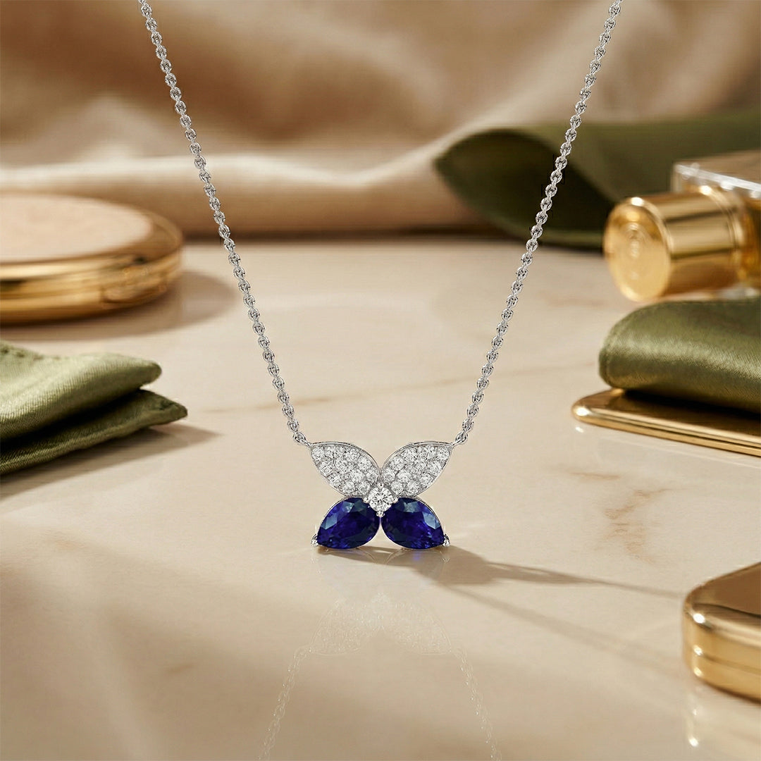White Gold Sapphire Butterfly Diamond Necklace
