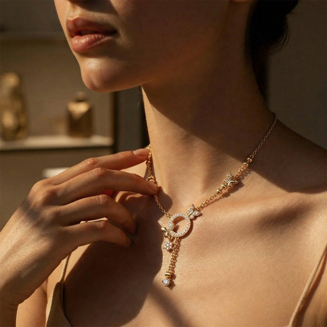 Yellow Gold Butterfly Circle Lariat Y-Necklace
