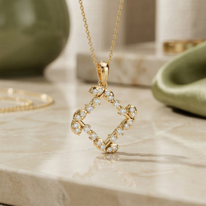Yellow Gold Geometric Diamond Open Square Pendant