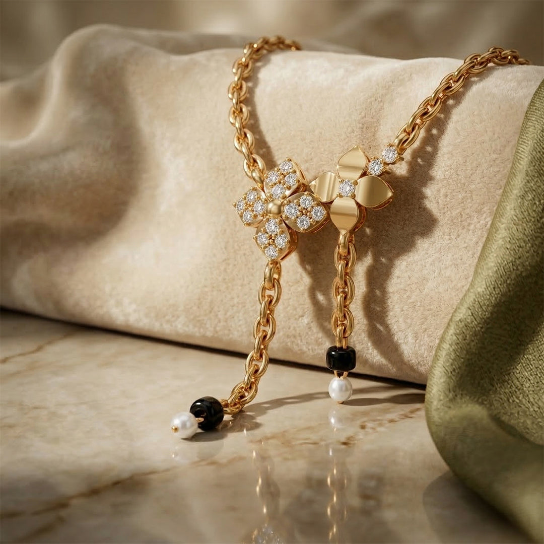 Gold Pavé Flower Pearl & Onyx Drop Necklace