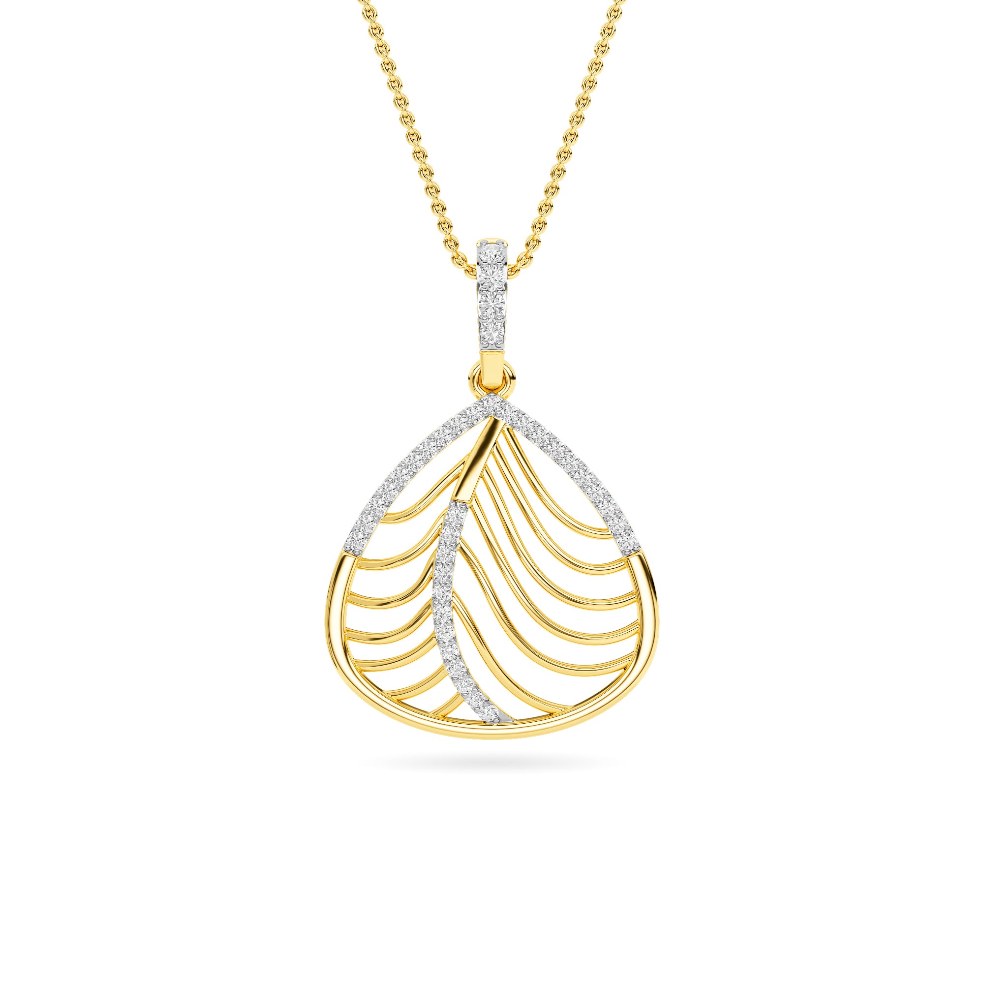 Yellow Gold Feather Leaf Diamond Pendant