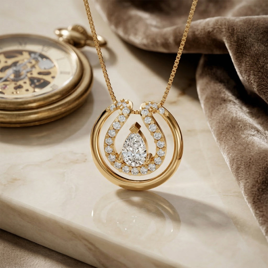 Yellow Gold Pear Solitaire Horseshoe Pendant