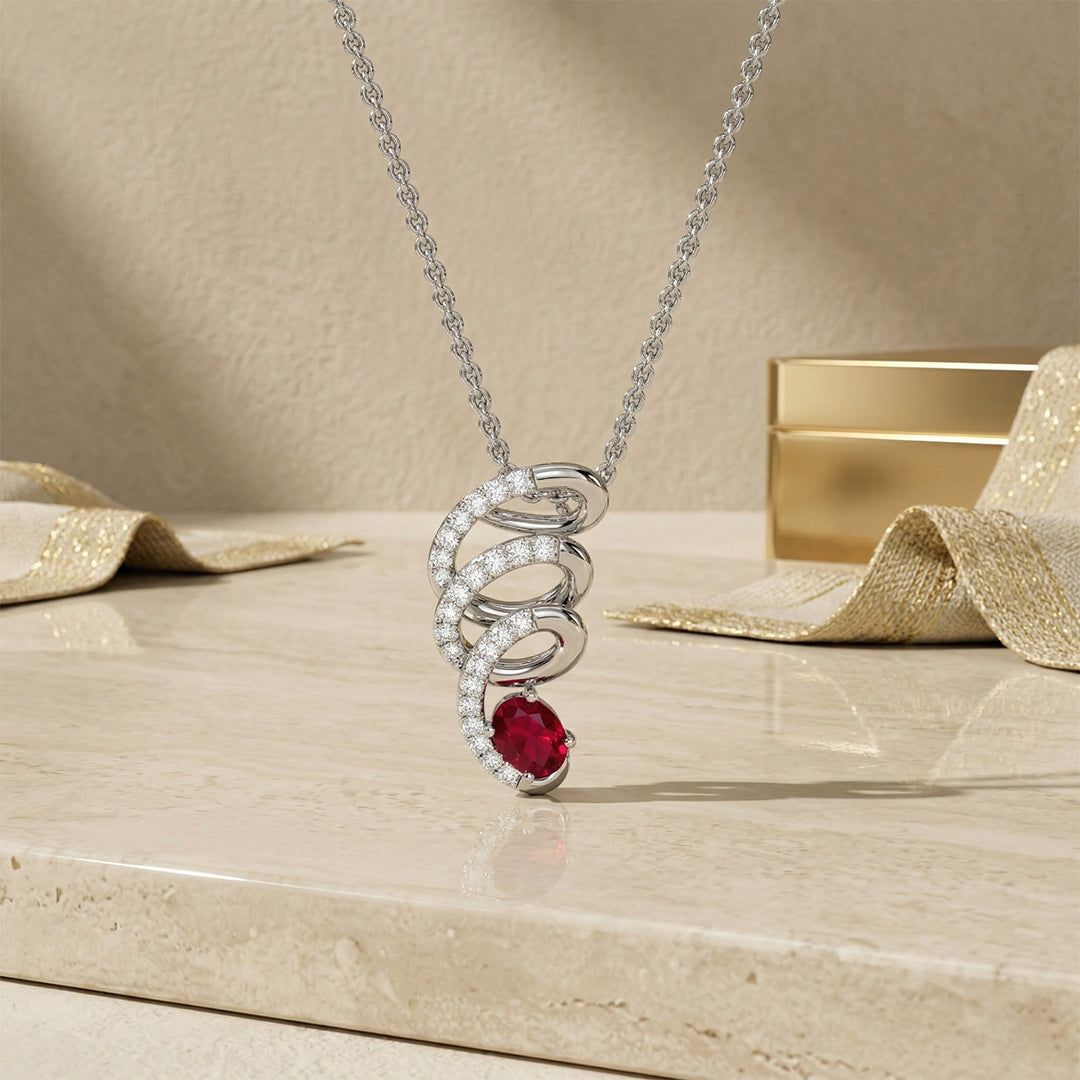 White Gold Ruby Scroll Diamond Pendant