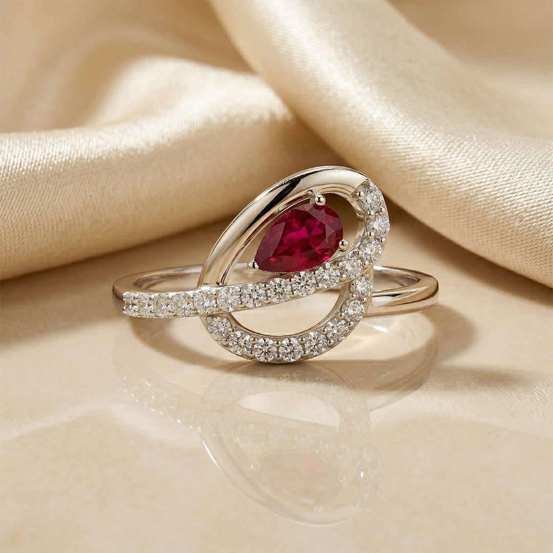 White Gold Ruby Pavé Diamond Swirl Ring