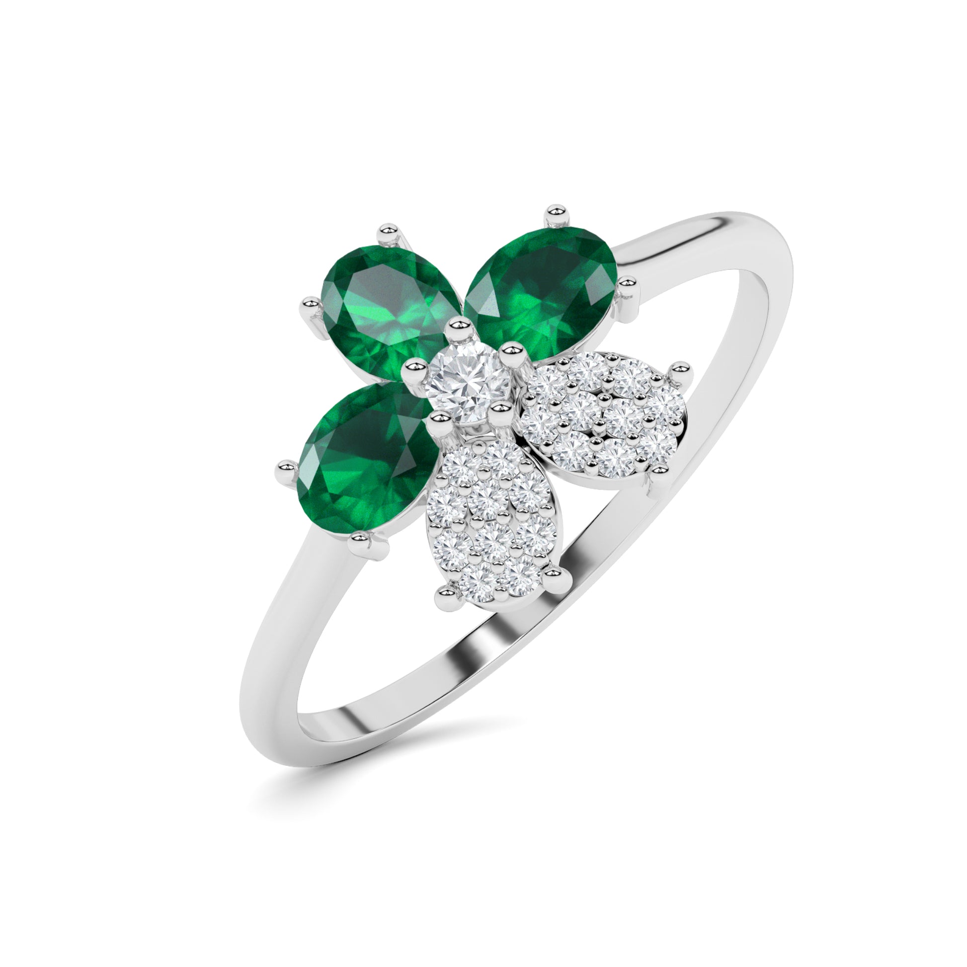 Emerald Floral Cluster Diamond Ring 14K White Gold