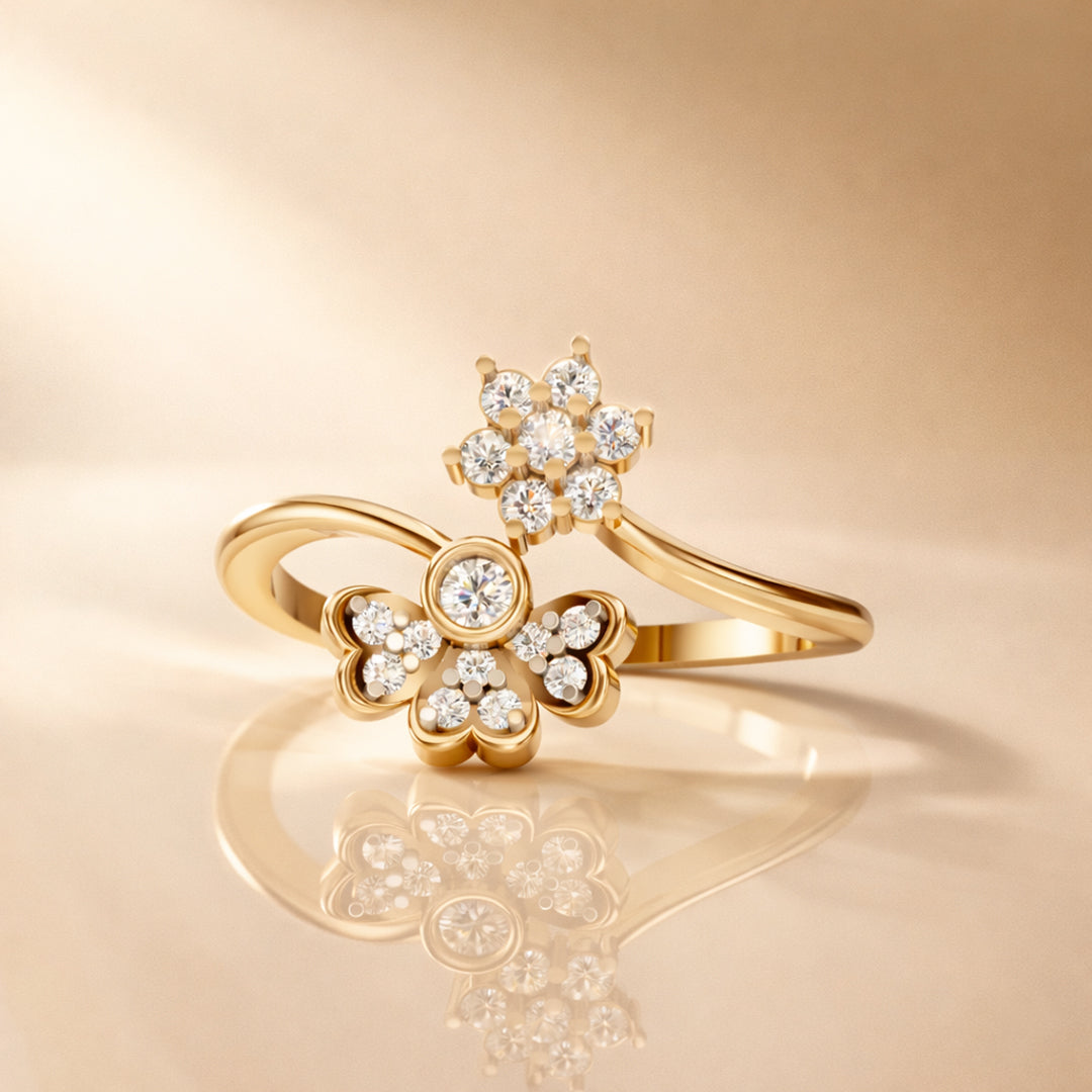 Yellow Gold Dual Flower Diamond Bypass Ring