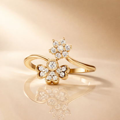 Yellow Gold Dual Flower Diamond Bypass Ring