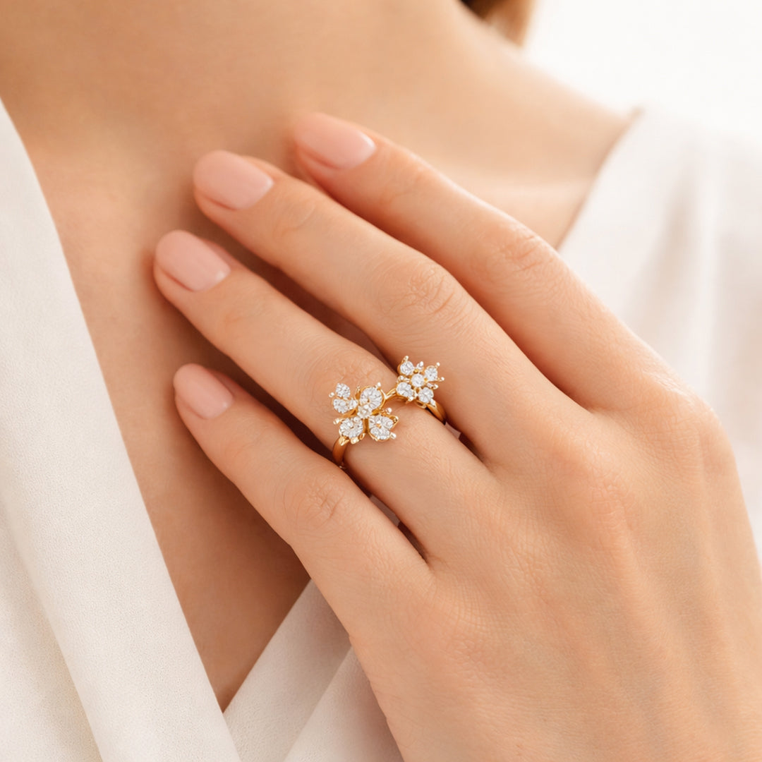 Yellow Gold Dual Flower Diamond Bypass Ring