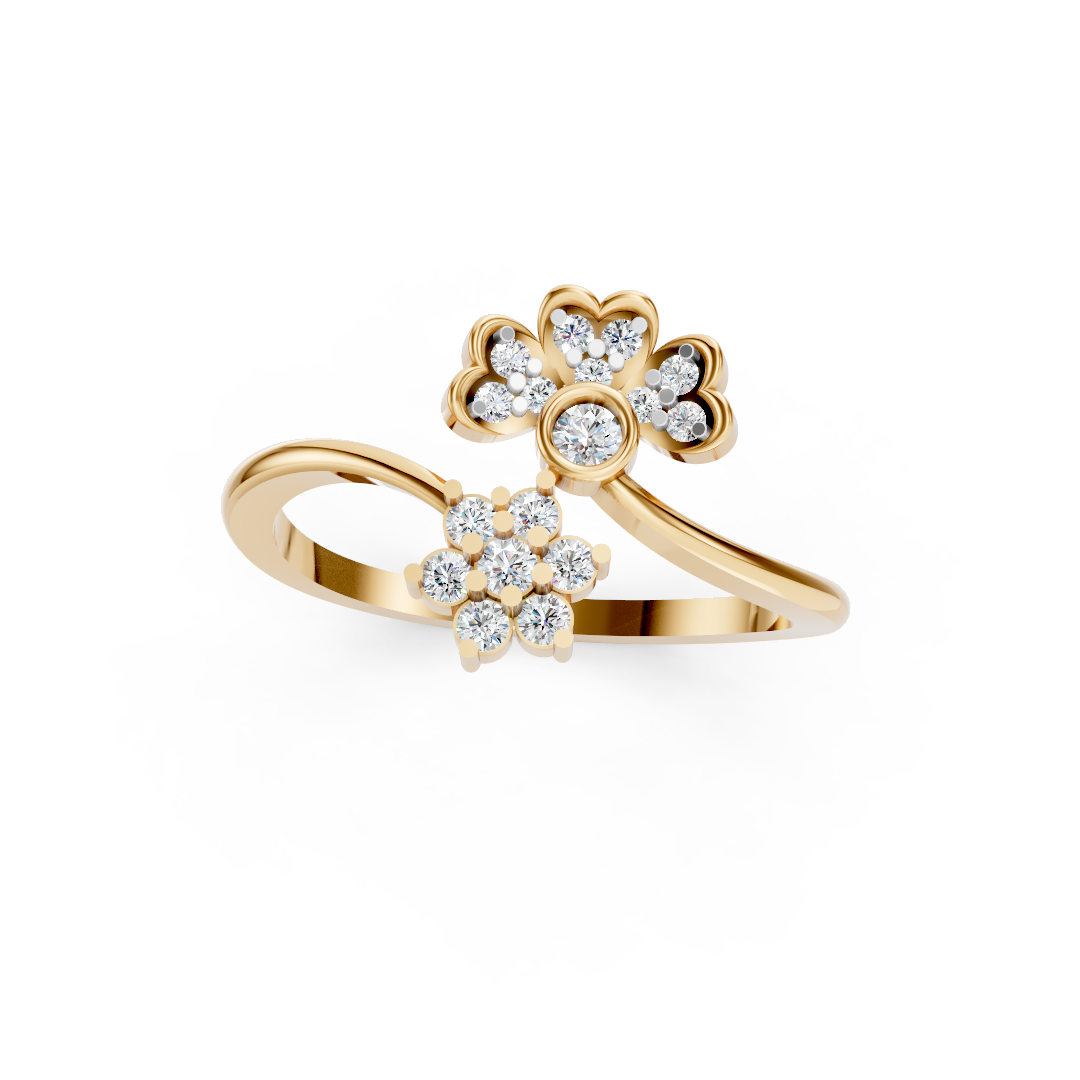 Yellow Gold Dual Flower Diamond Bypass Ring