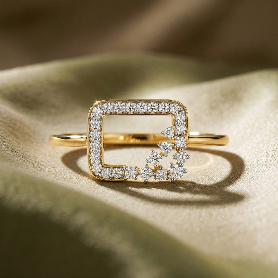 Open Rectangle Cluster Diamond Ring 14K Yellow Gold