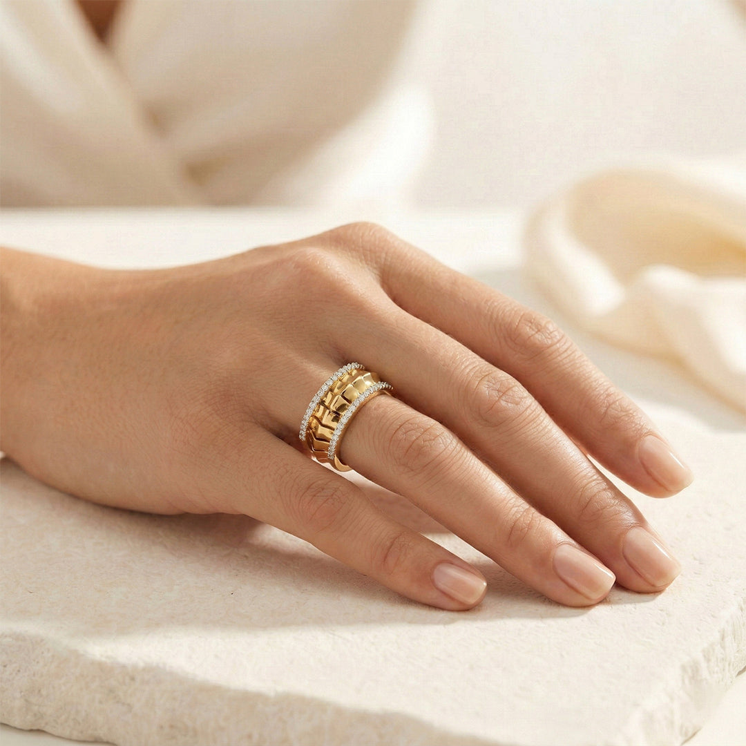 Sculpted Wave Diamond Band Ring 14K Yellow Gold