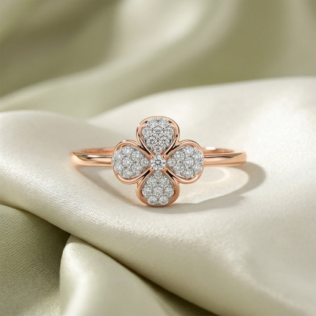 Four Petal Pavé Diamond Floral Ring 18K Rose Gold