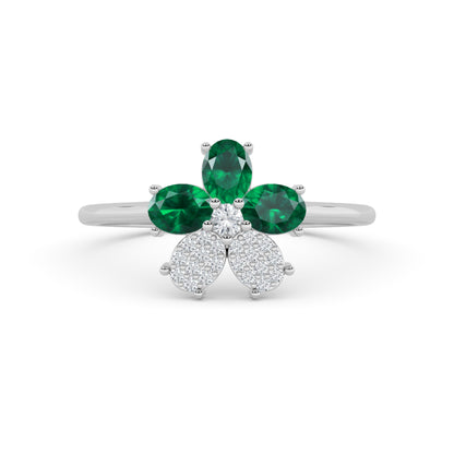 Emerald Floral Cluster Diamond Ring 18K White Gold