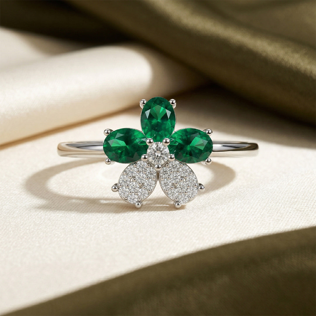 Emerald Floral Cluster Diamond Ring 18K White Gold
