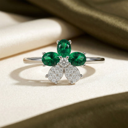 Emerald Floral Cluster Diamond Ring 18K White Gold