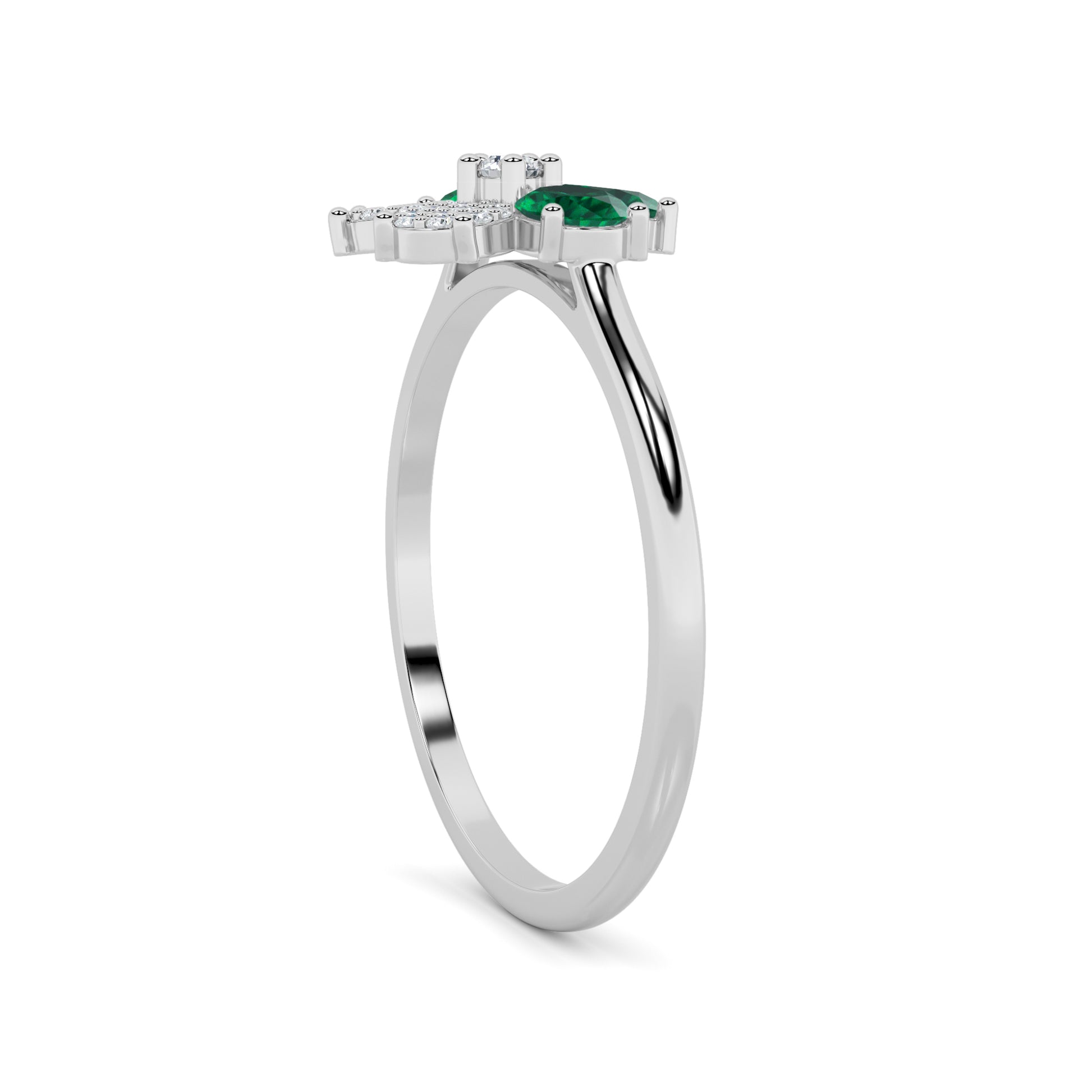 Emerald Floral Cluster Diamond Ring 18K White Gold