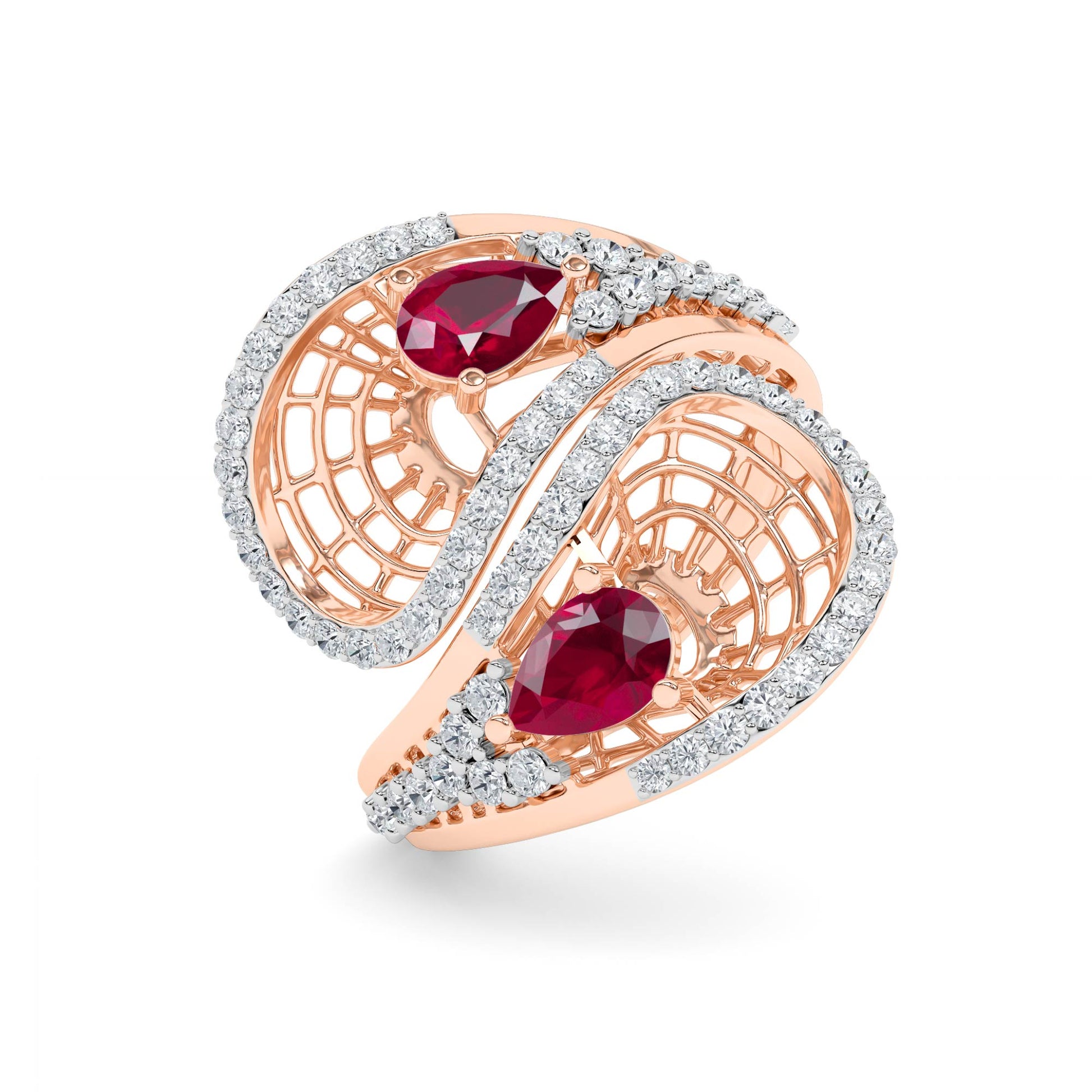 Rose Gold Ruby Pear Diamond Spiral Ring