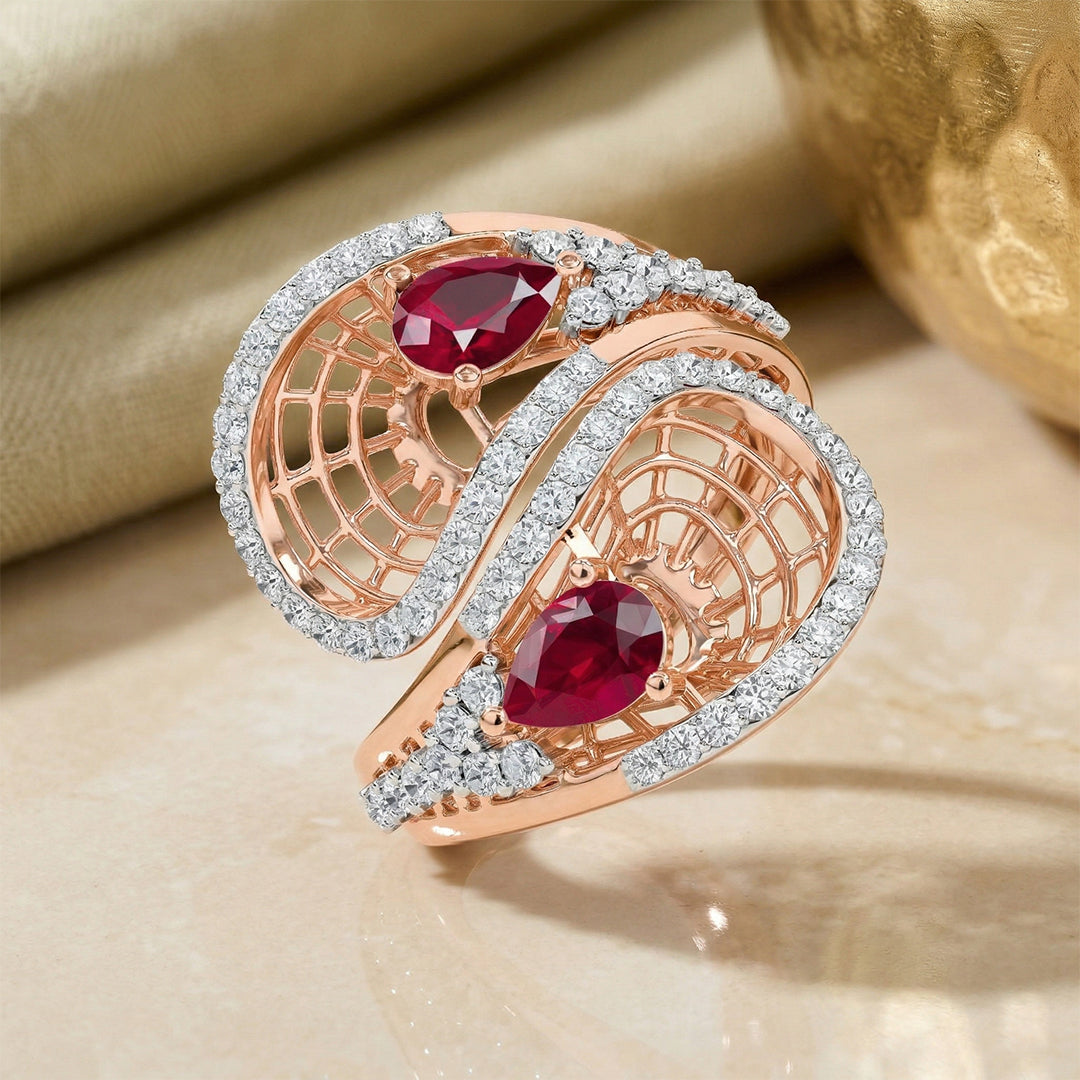 Rose Gold Ruby Pear Diamond Spiral Ring