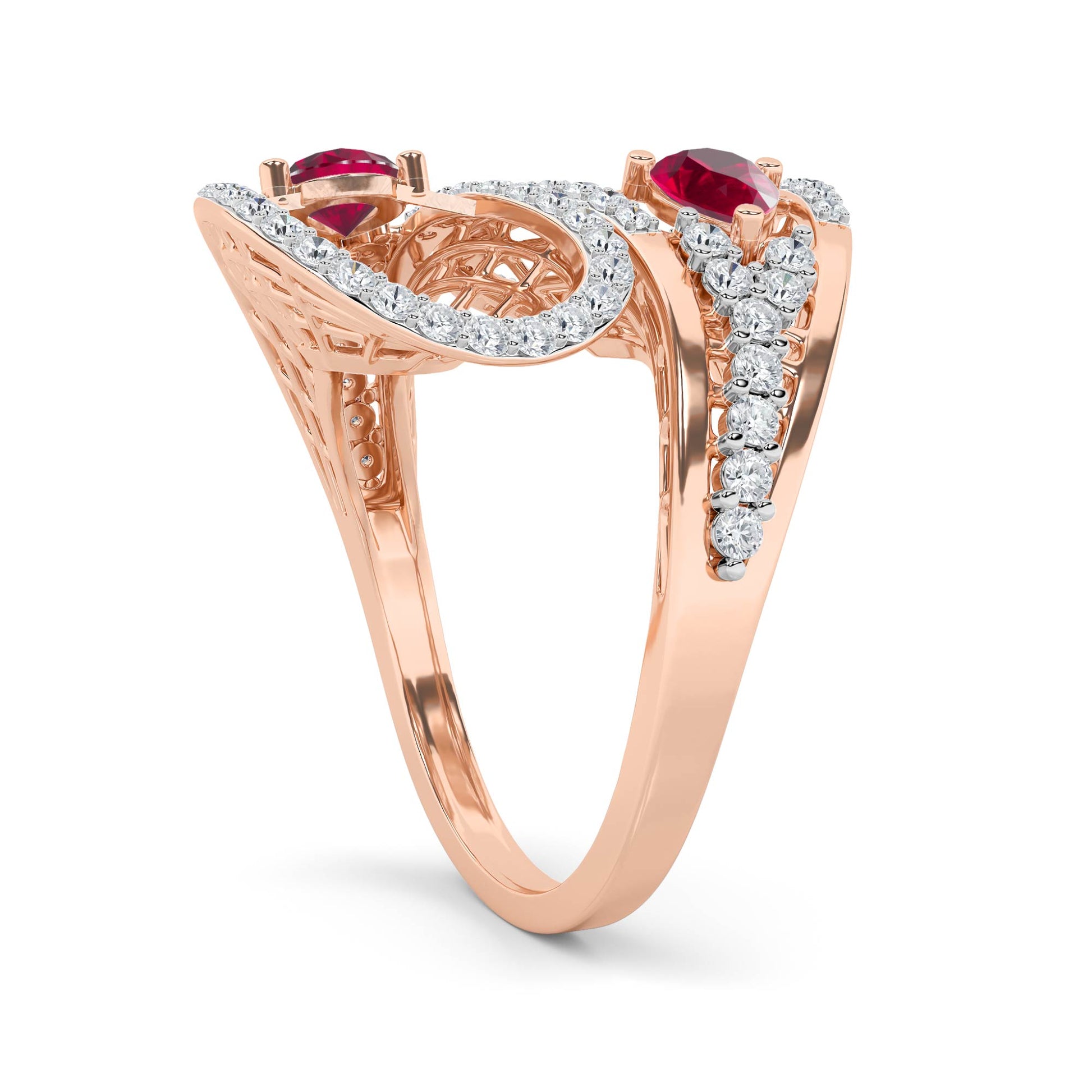 Rose Gold Ruby Pear Diamond Spiral Ring